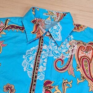 Too-She-She Button Up Shirt Womens L Blue Paisley Boho‎ Cotton Spandex Stretch
